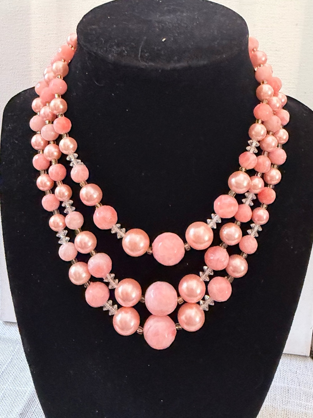 Vintage 1950s Japan 3-Strand Pink Faux Pearl Necklace | Mid-Century Costume